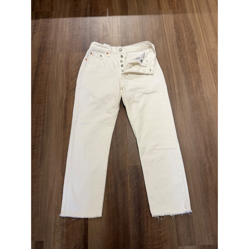 Levis 501 Original Crop Jeans Womens 24 White Raw Hem Straight Leg Denim